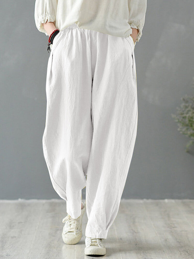 Solid Cotton Pocket Elastic Waist Casual Loose Pants