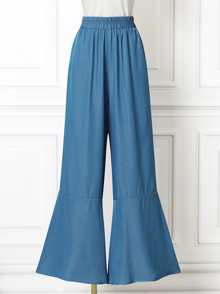 Leisure Solid Ruffle Wide Leg Pocket Pants