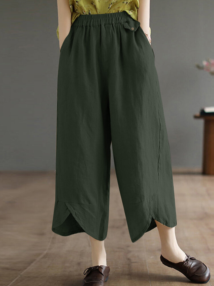 Solid Asymmetrical Hem Pocket Wide Leg Crop Pants