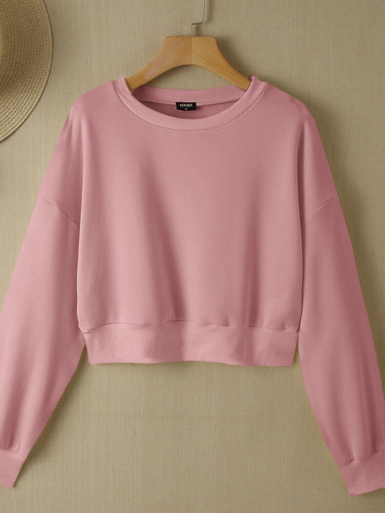 Women Long Sleeve Solid Round Necked Narrow Hem Pullover Sweatshirt