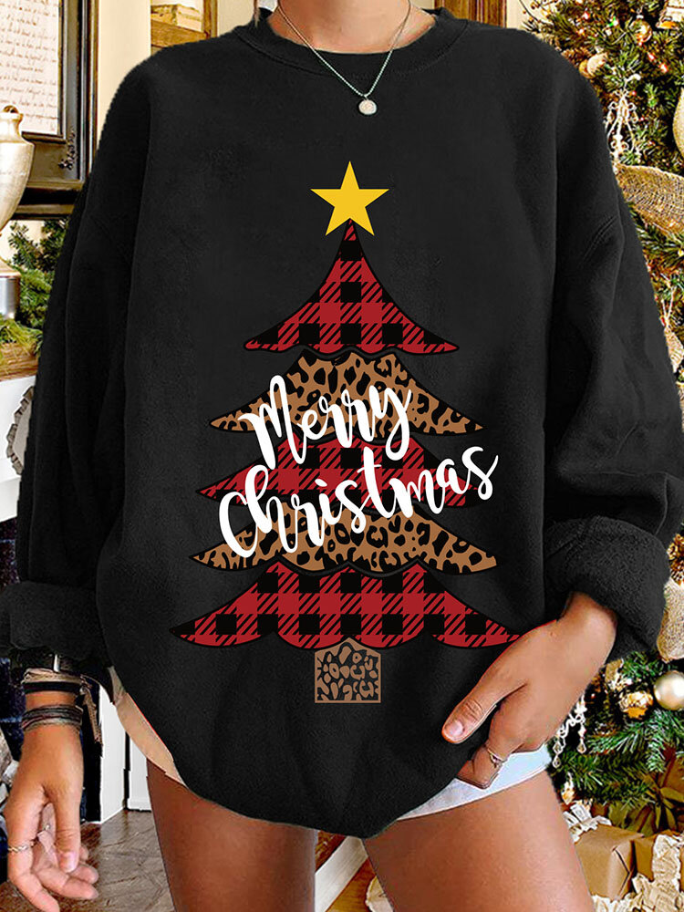 Women Christmas Tree Printed Letter Round Neck Casual Pullover Sweatshirt