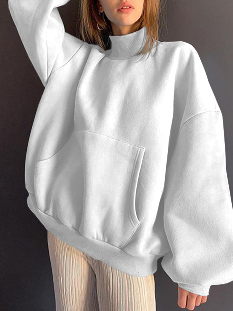 Women Solid Loose Casual Thick Sweatshirts with Kangaroo Pockets