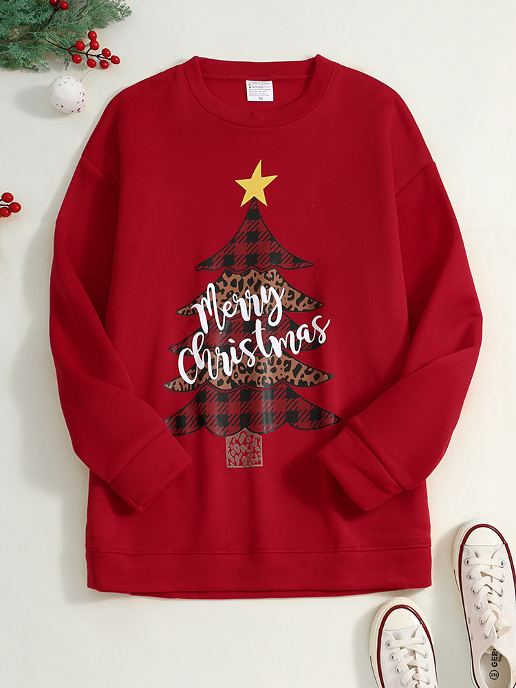 Women Christmas Tree Printed Letter Round Neck Casual Pullover Sweatshirt
