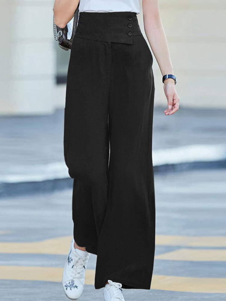 Solid Pocket Button Wide Leg High Waist Casual Pants