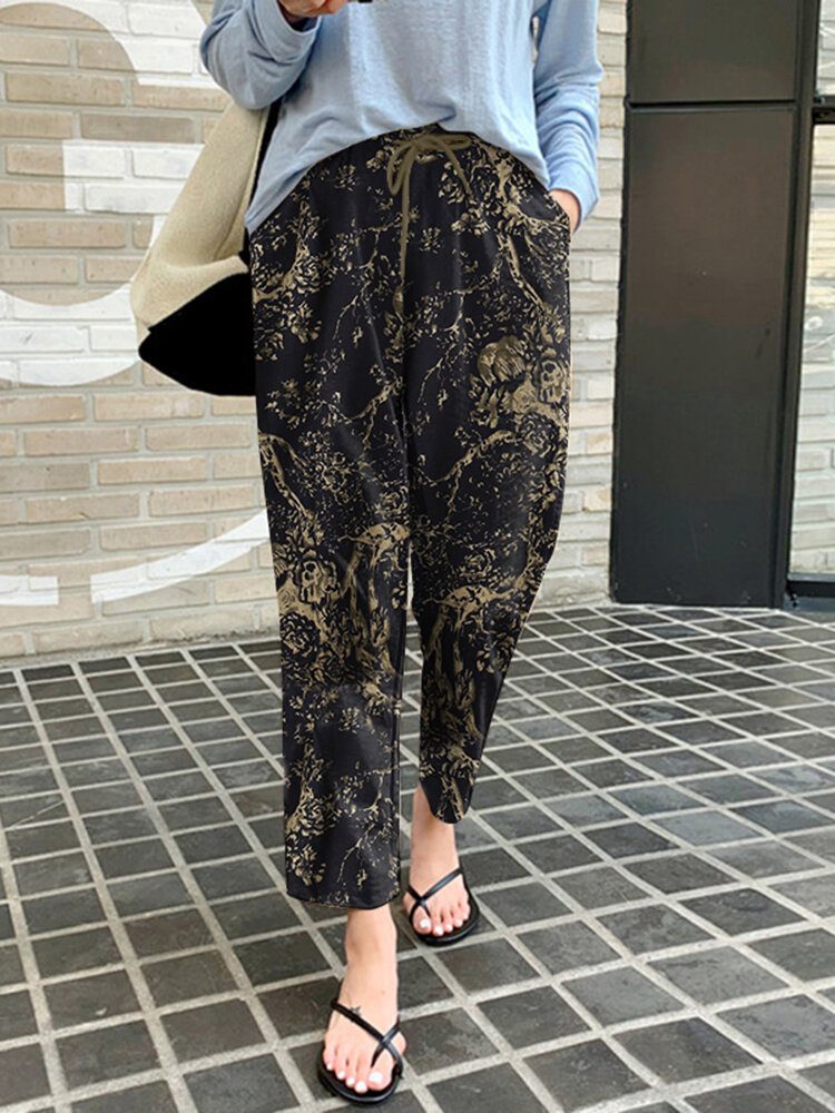 Women 100  Cotton Plants And Flowers Printing Maxi Length Pants