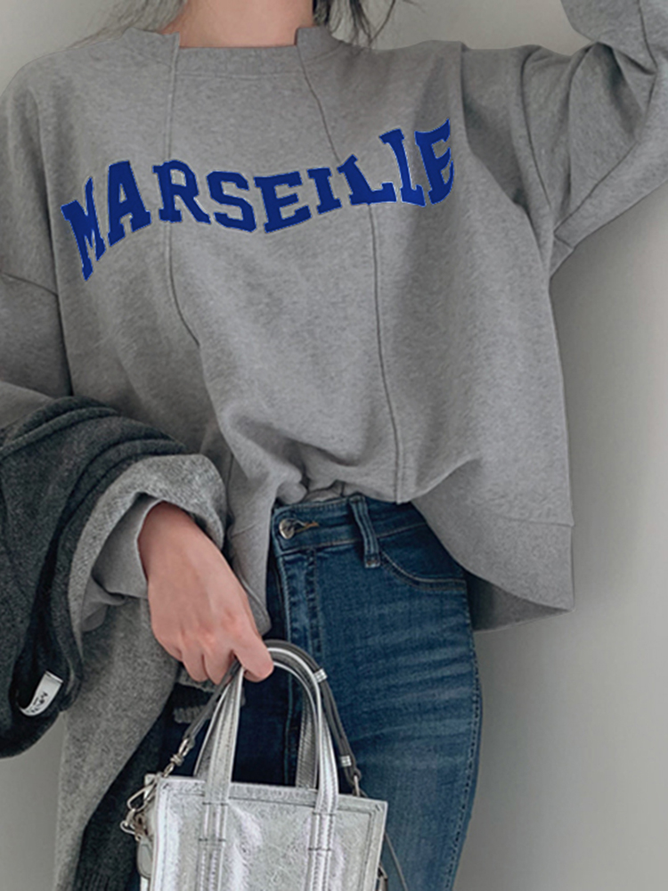 Women Solid Embroidery Words Casual Loose O  Neck Street Fashion Sweatshirt