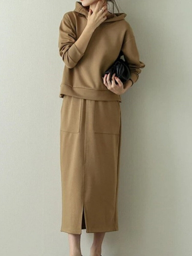 Women Sweatshirt Hooded Solid Side Pocket Calf Length Two  Piece Sets