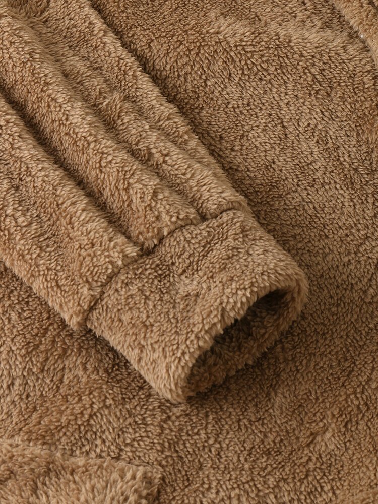 Women Plush Coat Open Front Side Pockets Casual Hooded Sweatshirt