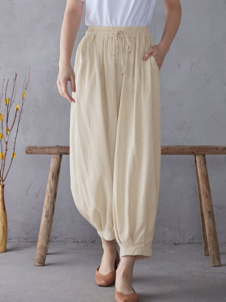 Solid Elastic Waist Drawstring Pocket Cotton Casual Pants