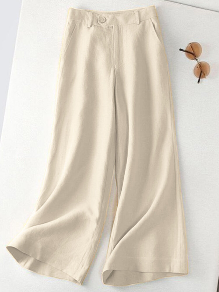 Leisure Solid Button Pocket Wide Leg Cotton Pants