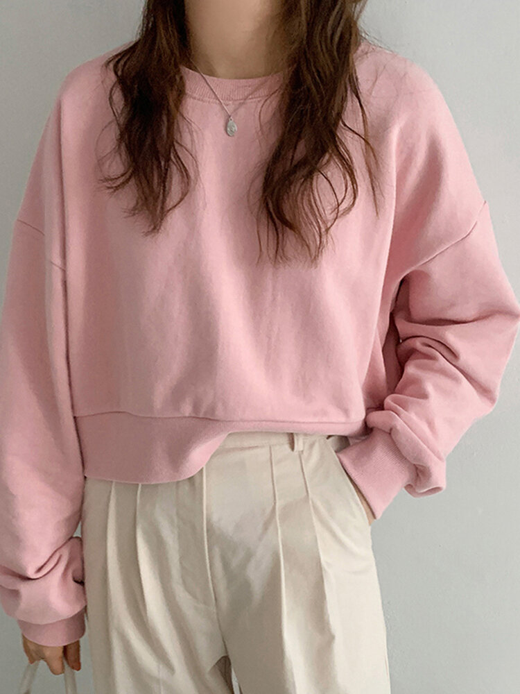Women Long Sleeve Solid Round Necked Narrow Hem Pullover Sweatshirt