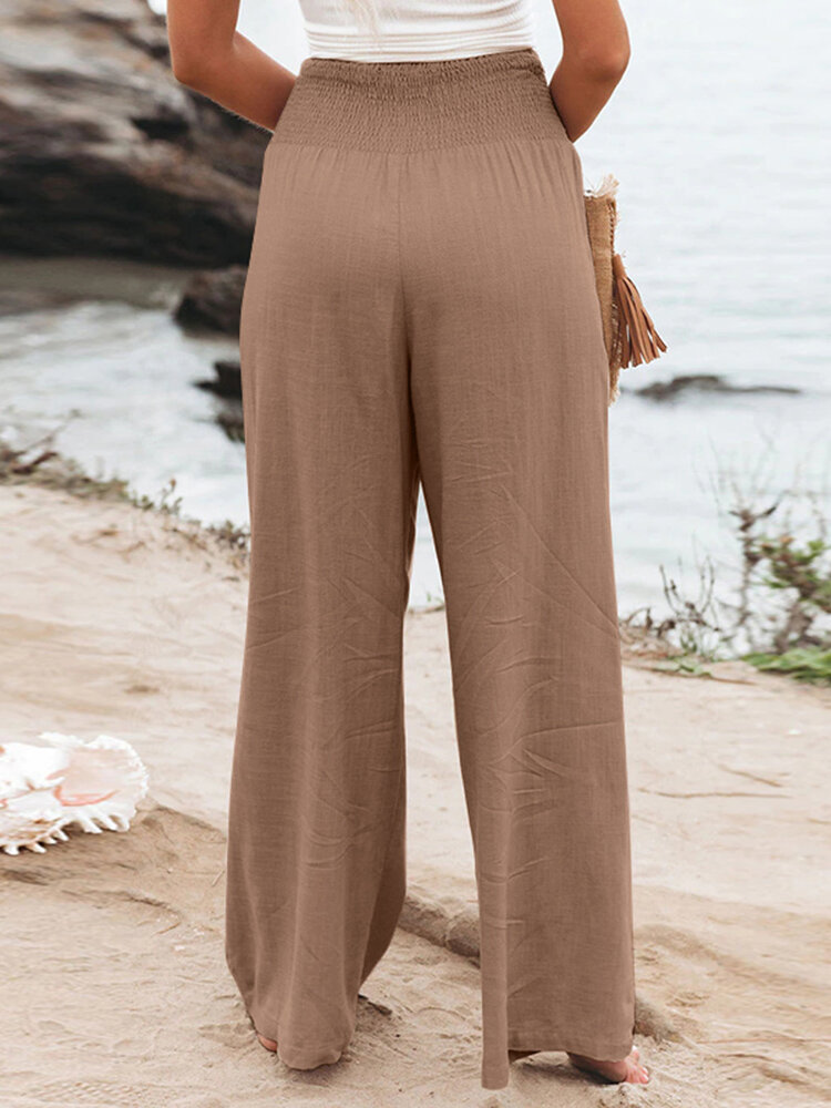 Leisure Solid Shirring Pocket Wide Leg Cotton Pants