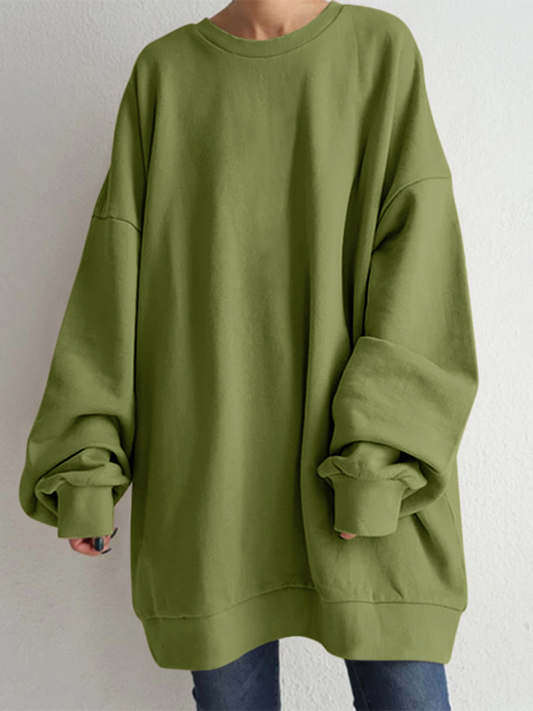 Women Puff Sleeve Crew Neck Solid Color Hem Long Sleeve Sweatshirts