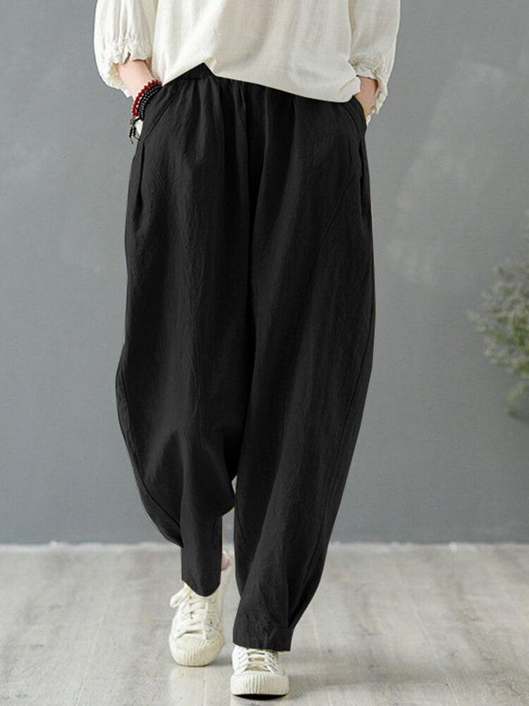 Solid Cotton Pocket Elastic Waist Casual Loose Pants