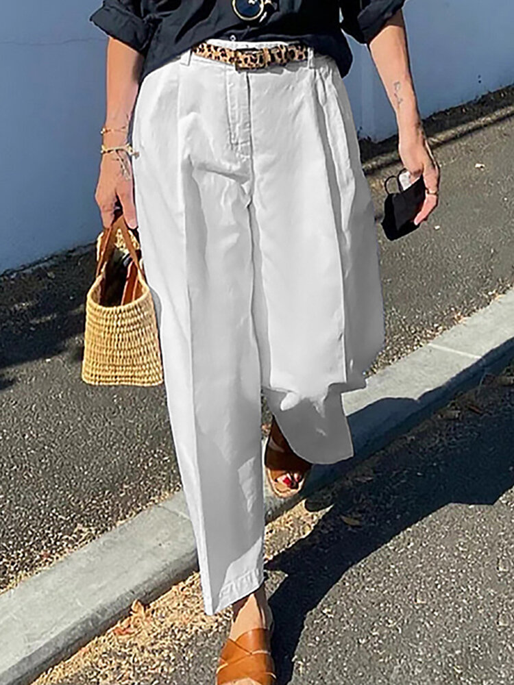 Women Zipper Pleated Commute Button Side Pocket Solid Casual Pants